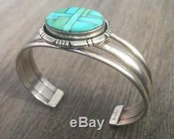 Stamped Vintage Navajo Turquoise & Sterling Silver Channel Inlay Cuff Bracelet