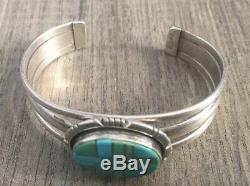 Stamped Vintage Navajo Turquoise & Sterling Silver Channel Inlay Cuff Bracelet