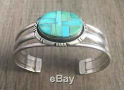 Stamped Vintage Navajo Turquoise & Sterling Silver Channel Inlay Cuff Bracelet