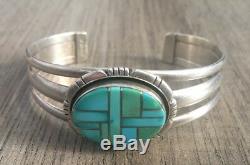 Stamped Vintage Navajo Turquoise & Sterling Silver Channel Inlay Cuff Bracelet