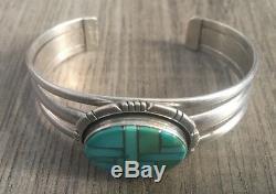 Stamped Vintage Navajo Turquoise & Sterling Silver Channel Inlay Cuff Bracelet
