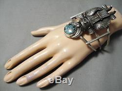 Statement Vintage Navajo Huge Kachina Turquoise Sterling Silver Bracelet Old