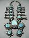 Statement Vintage Navajo Turquoise Sterling Silver Squash Blossom Necklace