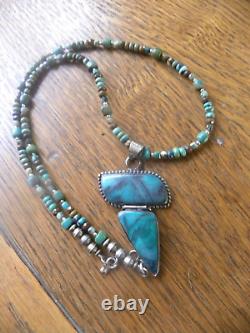 Sterling NAVAJO Pearl Petite Turquoise Beads Pendant Necklace VTG Silver