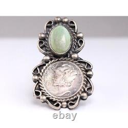 Sterling Silver Turquoise Ring Sz 9.5 Vintage Mercury Dime Coin Navajo