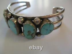Sterling Silver Vintage Navajo Cuff Bracelet Tribal Art Sculpture Turquoise