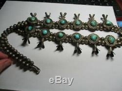 Sterling Silver Vintage Old Pawn Navajo Squash Blossom Turquoise 28 In Necklace