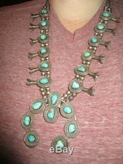 Sterling Silver Vintage Old Pawn Navajo Squash Blossom Turquoise 28 In Necklace