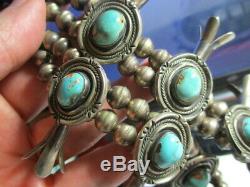 Sterling Silver Vintage Old Pawn Navajo Squash Blossom Turquoise 28 In Necklace