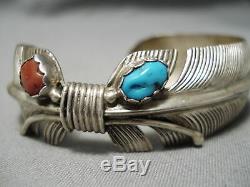 Striking Vintage Navajo Hand Carved Sterling Silver Feather Bracelet Old