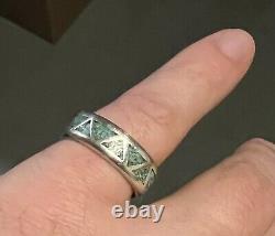 Striking Vintage Navajo Turquoise Chip Inlay Sterling Silver Ring Size 10