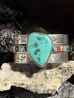 Stunning Vintage Len Adakai Navajo Handmade Turquoise, Multistone, & Ss Cuff