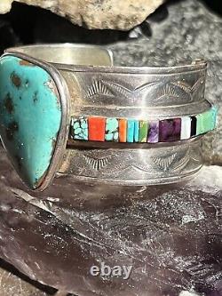 Stunning Vintage Len Adakai Navajo Handmade Turquoise, Multistone, & Ss Cuff