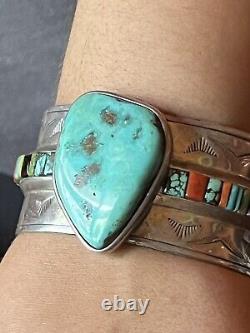 Stunning Vintage Len Adakai Navajo Handmade Turquoise, Multistone, & Ss Cuff