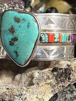 Stunning Vintage Len Adakai Navajo Handmade Turquoise, Multistone, & Ss Cuff