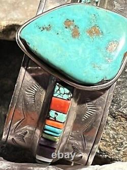 Stunning Vintage Len Adakai Navajo Handmade Turquoise, Multistone, & Ss Cuff