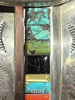 Stunning Vintage Len Adakai Navajo Handmade Turquoise, Multistone, & Ss Cuff