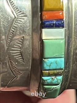 Stunning Vintage Len Adakai Navajo Handmade Turquoise, Multistone, & Ss Cuff