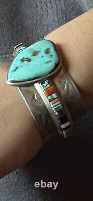 Stunning Vintage Len Adakai Navajo Handmade Turquoise, Multistone, & Ss Cuff