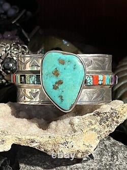 Stunning Vintage Len Adakai Navajo Handmade Turquoise, Multistone, & Ss Cuff