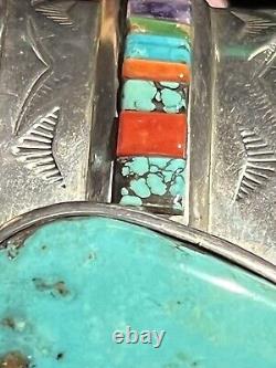 Stunning Vintage Len Adakai Navajo Handmade Turquoise, Multistone, & Ss Cuff