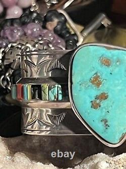 Stunning Vintage Len Adakai Navajo Handmade Turquoise, Multistone, & Ss Cuff