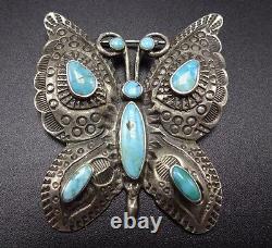 Stunning Vintage NAVAJO Hand-Stamped Sterling Silver & Turquoise BUTTERFLY PIN