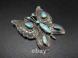 Stunning Vintage NAVAJO Hand-Stamped Sterling Silver & Turquoise BUTTERFLY PIN