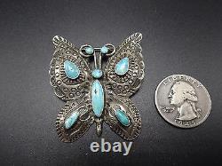 Stunning Vintage NAVAJO Hand-Stamped Sterling Silver & Turquoise BUTTERFLY PIN