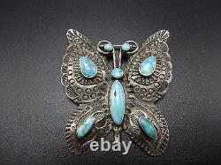 Stunning Vintage NAVAJO Hand-Stamped Sterling Silver & Turquoise BUTTERFLY PIN