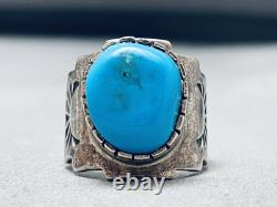 Superior Vintage Navajo Blue Gem Turquoise Sterling Silver Ring Signed