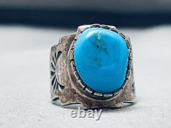 Superior Vintage Navajo Blue Gem Turquoise Sterling Silver Ring Signed