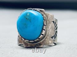 Superior Vintage Navajo Blue Gem Turquoise Sterling Silver Ring Signed