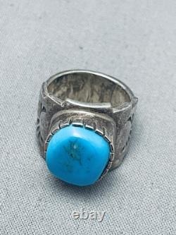 Superior Vintage Navajo Blue Gem Turquoise Sterling Silver Ring Signed