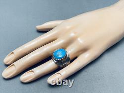 Superior Vintage Navajo Blue Gem Turquoise Sterling Silver Ring Signed