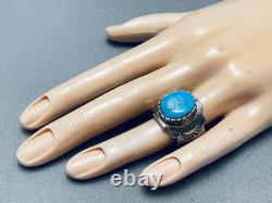 Superior Vintage Navajo Blue Gem Turquoise Sterling Silver Ring Signed