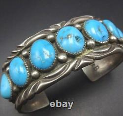 TRADITIONAL Vintage NAVAJO Stamped Sterling Silver TURQUOISE Row Cuff BRACELET