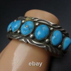 TRADITIONAL Vintage NAVAJO Stamped Sterling Silver TURQUOISE Row Cuff BRACELET