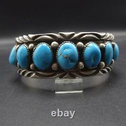 TRADITIONAL Vintage NAVAJO Stamped Sterling Silver TURQUOISE Row Cuff BRACELET