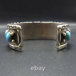 TRADITIONAL Vintage NAVAJO Stamped Sterling Silver TURQUOISE Row Cuff BRACELET