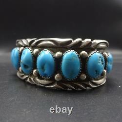 TRADITIONAL Vintage NAVAJO Stamped Sterling Silver TURQUOISE Row Cuff BRACELET