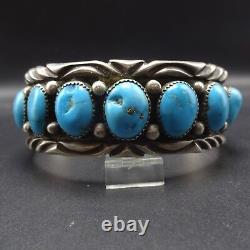 TRADITIONAL Vintage NAVAJO Stamped Sterling Silver TURQUOISE Row Cuff BRACELET