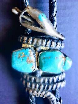 TRUE VINTAGE 1950's Natural Turquoise Navajo Rattlesnake Silver Bolo Tie