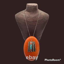 Theresa Waseta vintage sterling morenci turquoise and coral Pendant Necklace