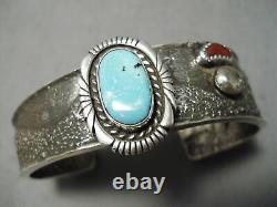 Thick Heavy Vintage Navajo Turquoise Coral Sterling Silver Graduating Bracelet