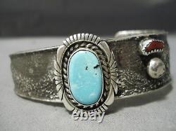 Thick Heavy Vintage Navajo Turquoise Coral Sterling Silver Graduating Bracelet