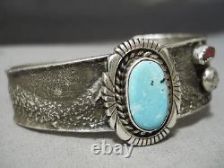 Thick Heavy Vintage Navajo Turquoise Coral Sterling Silver Graduating Bracelet