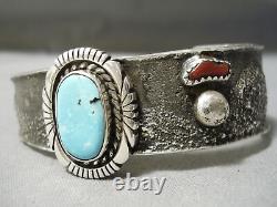 Thick Heavy Vintage Navajo Turquoise Coral Sterling Silver Graduating Bracelet