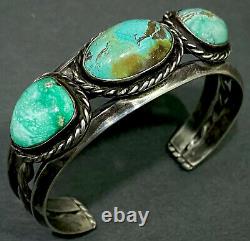 Thick Vintage Navajo Sterling Silver Turquoise Stacker Cuff Bracelet SOLID