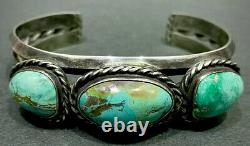 Thick Vintage Navajo Sterling Silver Turquoise Stacker Cuff Bracelet SOLID